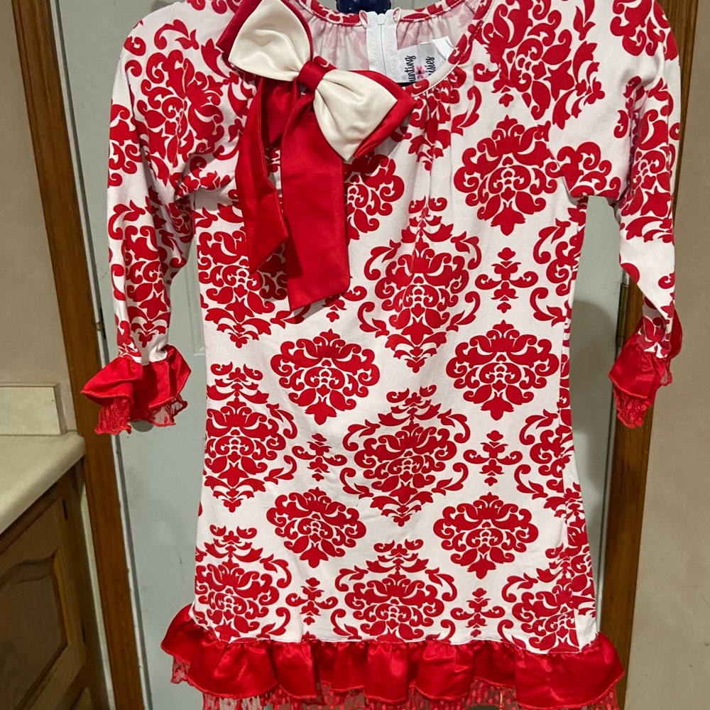 Red and White Patterned Dress with Bow
